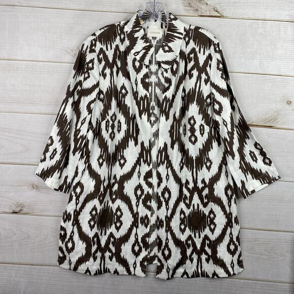Chico's Womens Cardigan Top Sz 2 L 12 Brown White Open Front Tribal 3/4 Sleeve - Picture 1 of 11
